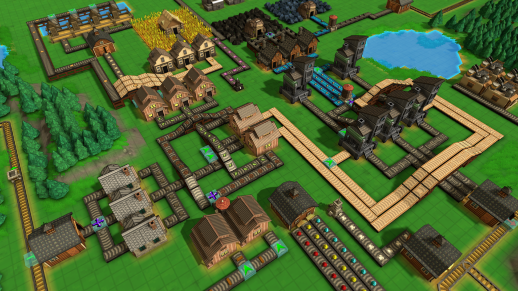 Factory town screenshot with the use of a large number of conveyers to move resources
