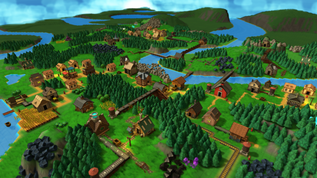 Factory town screenshot of houses and resources